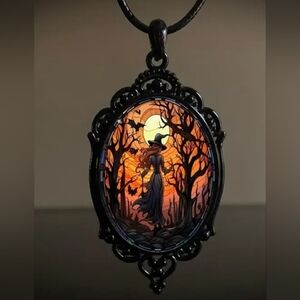 Vintage Gothic Halloween Pendant Bat Witch Pendant Necklace